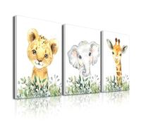 Baby Safari Nursery Wall Decor - Set of 3 Pictures Cute Animal Wall Prints on Canvas Jungle Nursery Safari Decor gifts for Baby Boys and Girls Room, Framed Wall Art (12 x16inch)