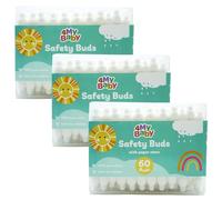 Baby Safety Cotton Buds 3-Pack (60 Buds x 3, 180 Total) - 100% Pure Cotton Tips, Safety Bud Design for Newborn Ear Cleaning - Paper Stems (Plastic-Free) Gentle Baby Hygiene Swabs