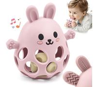 Baby Sensory Teething Toy with Rattle for Newborn 3 6 9 12 18 Months, 1st Boy Girl Easter Bunny Basket Stuffers Gifts, Silicone Relief Chew Teether for Autistic Toddler Infant Essentials, Pink