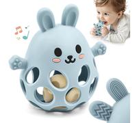 Baby Sensory Teething Toy with Rattle for Newborn 3 6 9 12 18 Months, 1st Boy Girl Easter Bunny Basket Stuffers Gifts, Silicone Relief Chew Teether for Autistic Toddler Infant Essentials, Blue
