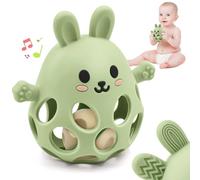 Baby Sensory Teething Toy with Rattle for Newborn 3 6 9 12 18 Months, 1st Boy Girl Easter Bunny Basket Stuffers Gifts, Silicone Relief Chew Teether for Autistic Toddler Infant Essentials, Green