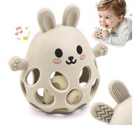 Baby Sensory Teething Toy with Rattle for Newborn 3 6 9 12 18 Months, 1st Boy Girl Easter Bunny Basket Stuffers Gifts, Silicone Relief Chew Teether for Autistic Toddler Infant Essentials, Beige