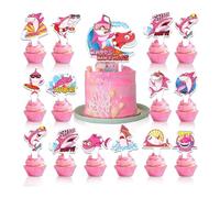 Baby shark birthday decoration-RKMYTR 25-Piece baby Shark Cake Topper Set, Shark Theme Birthday Party Supplies, Under the Sea Cake baby birthday Decorations with pink Shark Cupcake Toppers Cardstock
