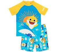 Baby Shark Swimsuit for Boys | 2 Piece T-Shirt Shorts Baby Children Yellow Blue Song Surf Swimming Costume | Short Sleeve with Elasticated Waistband