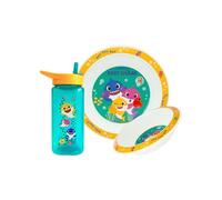Baby Shark Water Bottle, Plate & Bowl Set 6m+ Yellow/Green Colourway BPA Free 3 Piece Dining Set, Reuseable 420ml Straw Sipper, 8.5 Inch Plate, 7 Inch Bowl