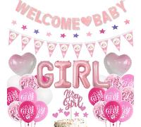 Baby Shower Balloons Decorations Girl - 54 Pieces Pink Welcome Baby Supplies with Banner, It' A Girl Heart Letter Balloon Star Garland Cake Toppers for Newborn Gender Reveal Party Decor