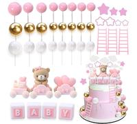 Baby Shower Bear Cake Toppers - 49pcs Pink Bear Theme DIY Cake Decorations Bear Train Staircase Clouds Stars Cake Topper for Baby Girl Birthday Party Gender Reveal Bear Baby Shower Party Supplies