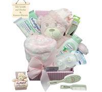 Baby Shower, Birth Gift Set with Personalisation/Baby Blanket, Brush and Comb with Name + Plush Stuffed Toy + Other Extras - Gift for Christening, Birth (Pink - Teddy with Sleeping Hat Set S)