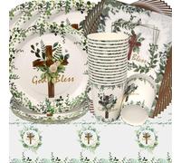 Baby Shower Birthday Decoration, Doyomtoy God Bless Party Tableware, Eucalyptus Communion Christening Cups Napkins Tablecloth for Children's Birthday Communion Party Decoration Baby Shower 20 Guests