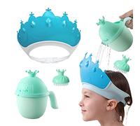 Baby Shower Cap Shield, Baby bath set shower cap/water cup/massage brush,Visor Hat for Eye and Ear Protection for 0-9 Years Old Children,Cute Crown Shape Makes the Baby Bath More Fun (Blue)
