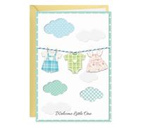 Baby Shower Card - 3D Cute Design New Baby Card for Boy or Girl - Welcome To The World Cards with Envelope & Seal Sticker - Washing Line Design - Welcome Little One - Newborn Gifts - New Parents Cards