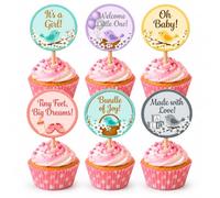 Baby Shower Cupcake Toppers, 6 Designs, 2.5 inch Round | Wooden Stick, Food-Safe, It's a Girl Theme, Bundle of Joy, Welcome Little One