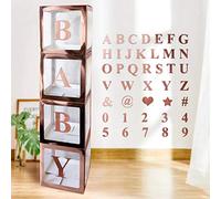 Baby Shower Decoration Boxes Kit, 4 pcs Rose Gold Transparent Balloon Boxes with 30 Letters 10 Numbers 5 Symbols, Baby Blocks for Baby Shower Gender Reveal Backdrop Birthday Party Decor