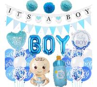 Baby Shower Decoration Boys Balloons - 46 Pieces Cute Gender Reveal Supplies Blue, It's A Boy Letter Banner Bottle Foil Balloon Pompoms for Welcome Party