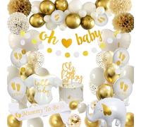 Baby Shower Decoration Girl Boy, Neutral Baby Shower Decoration with White Gold Air Balloons, Oh Baby Banner, Paper Pompom, Mommy to Be Sash for Gender Reveal Party Decoration, Baby Shower Decoration