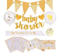 Baby Shower DECORATIONS + 4 Baby Shower GAMES PACK for Boys/Girls. Gold Gender Neutral Unisex. Bingo, Quiz, Trivia, Charades, Mummy to be Sash, Bunting, 12 Balloons & Confetti. Up to 24 Players