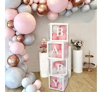 Baby Shower Decorations Box - 4Pcs White Transparent Square Boxes with ‘BABY’ Letters, Baby Balloon Boxes for Boy Girl Baby Shower Party Supplies, Gender Reveal, Birthday, Theme Party Decoration