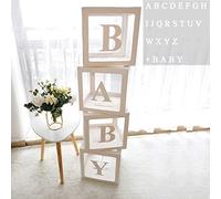 Baby Shower Decorations Boxes for Boys Girls, 4Pcs White Transparent Balloon Boxes with 30 Letters, Baby+A-Z for Custom Name, Birthday Party Decor, Gender Reveal Decorative Blocks