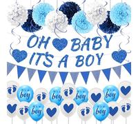 Baby Shower Decorations Boy Balloons - 30 Pcs Blue White Welcome Baby Supplies with Paper Flower Ball Triangle Flags Heart Letter Banner Boy Heart Balloons for Newborn Gender Reveal Party Decor