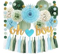 Baby Shower Decorations Boy Blue Sage Green Baby Shower Party Decorations Oh Boy Banner Sage Dusty Blue Tissue Paper Pom Poms Paper Tassels Circle Dots Garland for Boys Gender Neutral Party Decor