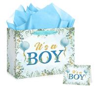 Baby Shower Decorations Boy Gift Bags,It's A Boy Watercolor Blue Baby Shower Party Favors Supplies Gift Bags with Wrapping Tissue Paper and Greeting Card for Gender Reveal Baptism Baby Boys Birthday