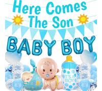 Baby Shower Decorations for Boys - 27 Pcs Blue Here Comes The Son Banners Baby Boy Letters Balloon Banner Triangular Flag Bottle Balloon Heart Balloons Baby Boy Balloons Set for Shower Welcome Party