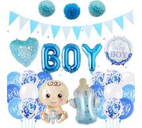 Baby Shower Decorations for Boys, 46 Pieces Blue Gender Reveal Balloon Set | It's A Boy Letter Banner with Bottle Foil Balloon Pompoms, Cute Welcome Party Supplies