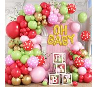 Baby Shower Decorations for Girl,Pink Red Green Strawberry Balloon Arch with Oh Baby Balloon Banner For It's a Girl Gender Reveal Baby Shower Birthday Party Supplies Mom to Be Sash