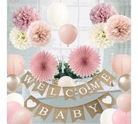 Baby Shower Decorations for Girls with Rustic Burlap Welcome Banner and Rose Gold Balloons Dusty Pink Paper Party Supplies (Pink + Champagne Gold)