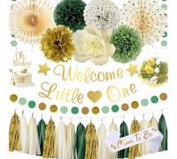 Baby Shower Decorations, Welcome Little One Decorations Boys Girls Sage Green Premium Reusable Party Decoration Oh Baby Banner Cake Topper Tassels Paper Pom Poms for Gender Reveal Party Decorations