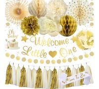 Baby Shower Decorations, Welcome Little One Decorations Boys Girls Sand White Premium Reusable Party Decoration Oh Baby Banner Cake Topper Tassels Paper Pom Poms for Gender Reveal Party Decorations