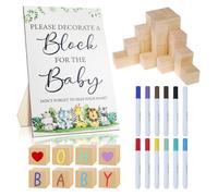 Baby Shower Game Sign Kit - Gender-Neutral Woodland Baby Shower Game Including Decorate a Block Game Sign 50 DIY Blocks and 12 Pens for Gender Reveal Games Baby Shower Party Supplies