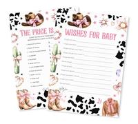 Baby Shower Games Kit - Cowgirl Theme Wishes For Baby, The Price Is Right - 50 Pack 2-in-1 Game Cards for Girls - Announcement Gender Reveal Party Supplies & Decoration- E02