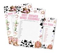 Baby Shower Games Kit - Cowgirl Theme Word Scramble, Name That Baby Song - 50 Pack 2-in-1 Game Cards With 1 Answer Card for Girls - Announcement Gender Reveal Party Supplies & Decoration- E06
