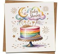 Baby Shower Greeting Card 145mm x 145mm - Rainbow Cake, Moon & Stars Design - Cute Hello Baby Cloud - Blank Inside - Includes Kraft Envelope