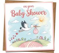 Baby Shower Greeting Card - “On Your Baby Shower” Stork Design, Gender Neutral, Square 145mm x 145mm, Blank Inside, Includes Kraft Envelope