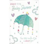 Baby Shower Greeting Card, Turquoise Umbrella Design with Stars and Hearts, Bundle of Joy Message