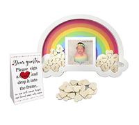 Baby Shower Guest Book Rainbow Frame Guestbook Alternative with 30 pcs Wooden Hearts Baby's First Photo Frame Baby Shower Decorations Pregnancy Gift (Rainbow)