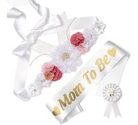 Baby Shower Maternity Sash Belly Belt, Mom to Be Corsage & Dad to Be Pin, Pregnancy Maternity Flower Sash Belt for Gender Reveal White Boy Girl Baby Shower Decorations Favors