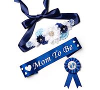 Baby Shower Maternity Sash Belly Belt, Mom to Be & Dad to Be Button Pin, Pregnancy Maternity Flower Sash Belt for Gender Reveal