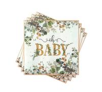 Baby Shower Paper Napkins Disposable, 80Pcs Decorative Eucalyptus with Gold Glitter "oh BABY" Text Printed Dinner Napkins for Gender Reveal Party, Celebration, Table Decor. 2-Ply, Folded 6.5 x 6.5 In.