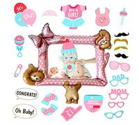 Baby Shower Photo Booth Props,Girl Gender Reveal Photo Booth Frame,Inflatable Foil Frame with 30Pcs Boy Baby Shower Photo&Props for Baby·Shower Gender Reveal New Born Party Supplies