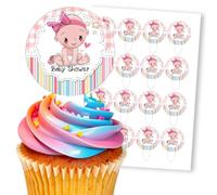 Baby Shower Pink Bow Girl With Stars, 16 Wafer Cupcake Stand-Up Toppers