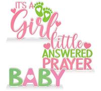 Baby Shower Pink Wood Centerpieces - Haooryx 3Pcs It's A Girl Baby Shower Table Topper Sign Little Answered Prayer Desktop Wood Craft Decoration for Baby Shower Birthday Party Table Decor Supplies