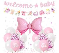Baby Shower Welome Girls Party Decorations, 29Pcs Baby Shower Balloons Set | Include It's a Girl Confetti Mix Welcome Baby Banner Bear Garland, Girls Birthday Pink Party Supplies