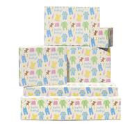 Baby Shower Wrapping Paper Girl Boy - 6 Sheets Of Gift Wrap - New Baby Clothes Teddy Bear Star - For Gender Reveal Christening Newborn Pregnancy - Recyclable - By Central 23