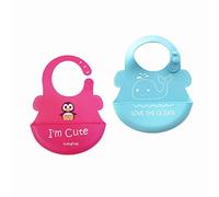 Baby Silicone Bibs Treer Waterproof Silicone Pack of 2 Soft and Adjustable Roll up Feeding Bibs Drool Bibs Wipe Clean with Food Catcher Pocket for Infants Toddlers (Free Size,Red mom)