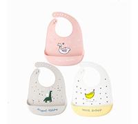 Baby Silicone Bibs Treer Waterproof Silicone Pack of 3 Soft and Adjustable Roll up Feeding Bibs Drool Bibs Wipe Clean with Food Catcher Pocket for Infants Toddlers (A,32.5 x 22.5 cm)