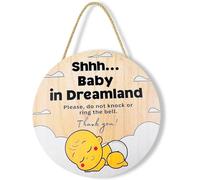 Baby Sleeping Sign for Front Door, Baby in Dreamland Please Do Not Knock Or Ring The Bell Hanging Sign, Round Wooden Decorative Plaque with Rope, Door Porch Decor for Baby Room Nursery, 12x12inch