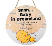 Baby Sleeping Sign for Front Door, Baby in Dreamland Please Do Not Knock Or Ring The Bell Hanging Sign, Round Wooden Decorative Plaque with Rope, Door Porch Decor for Baby Room Nursery, 12x12inch